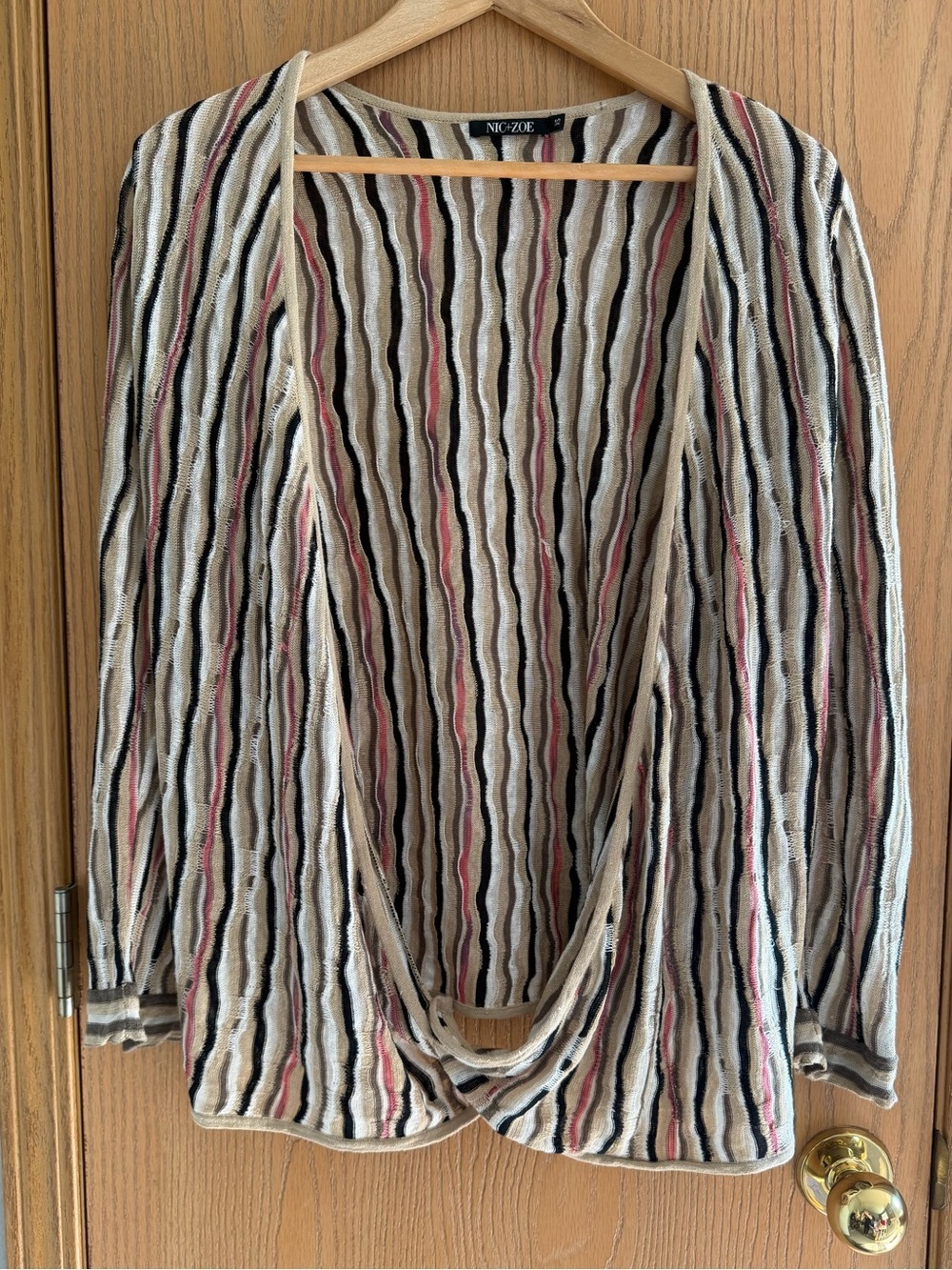 NIC+ZOE EUC Cream Black Pink Versatile Striped Open Front Cardigan Size XS